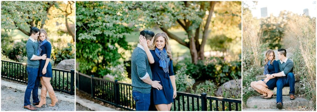 engaged couple having their engagement pictures done in Chicago Lincoln park zoo by the Honeycomb