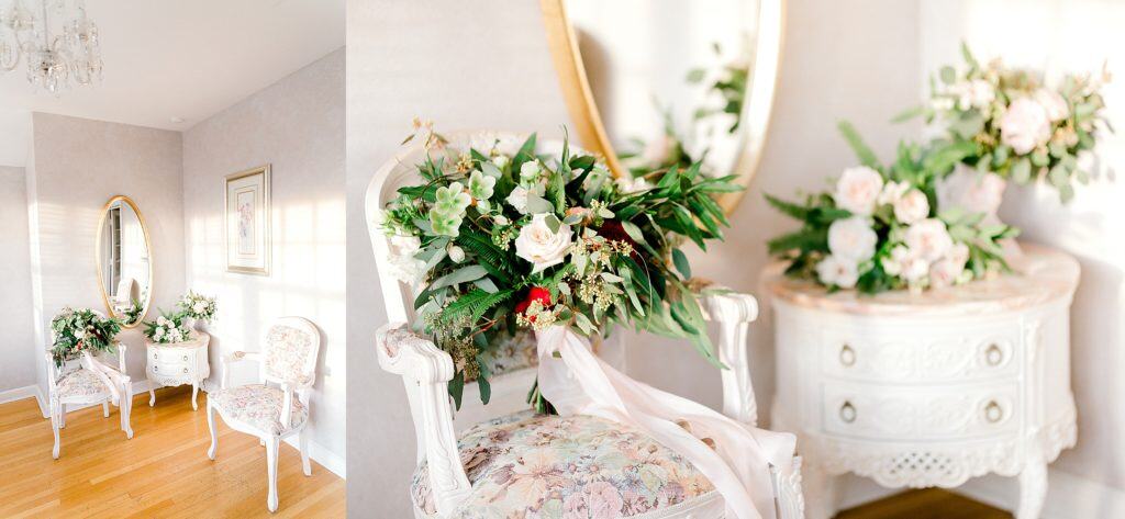 danada house getting ready room, wedding bouquet on the white furniture