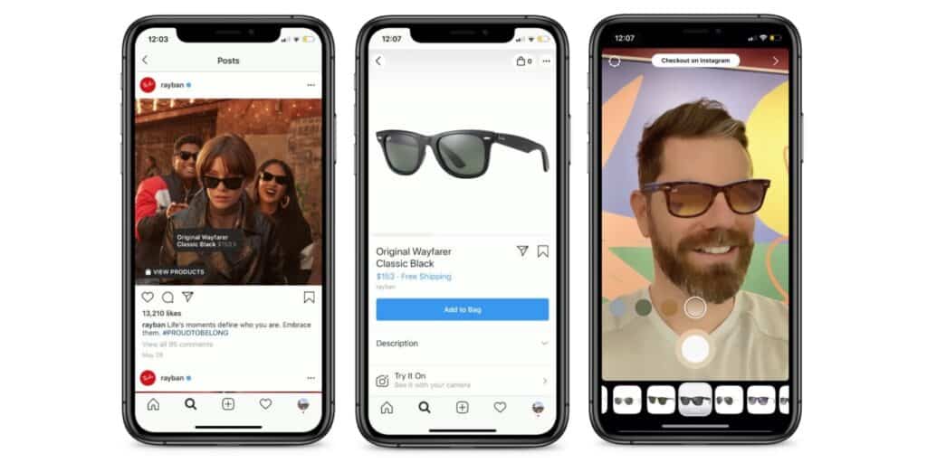 Ray Bans AI Instagram shoppable feature for 2020 predicted marketing trends