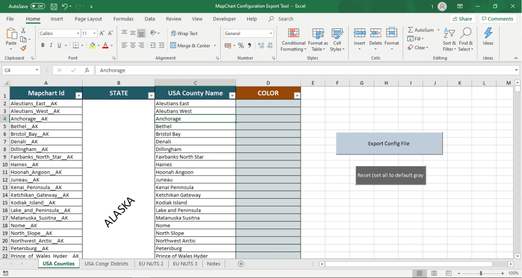 set color in excel to make a map on MapChart