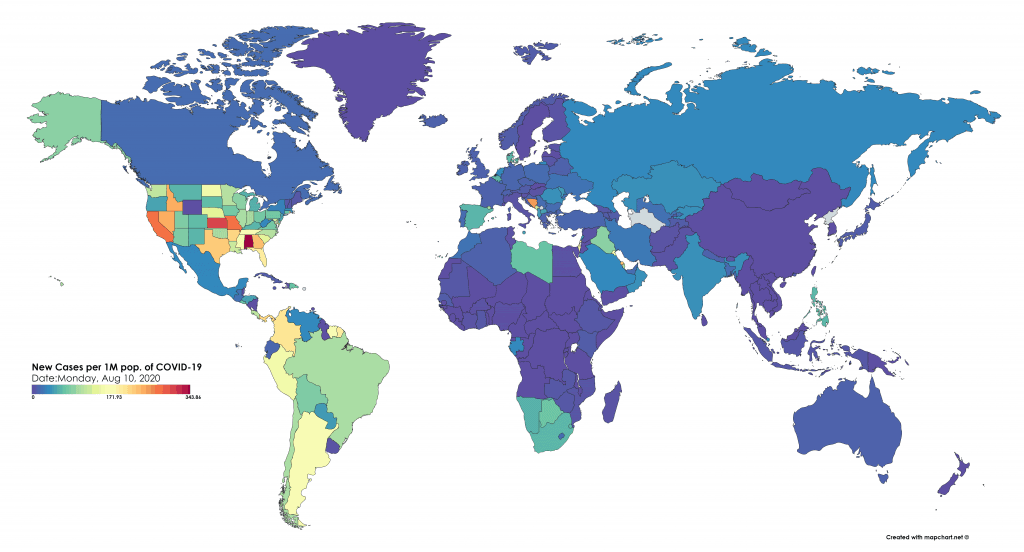 new coronavirus cases per 1m mapchart world map