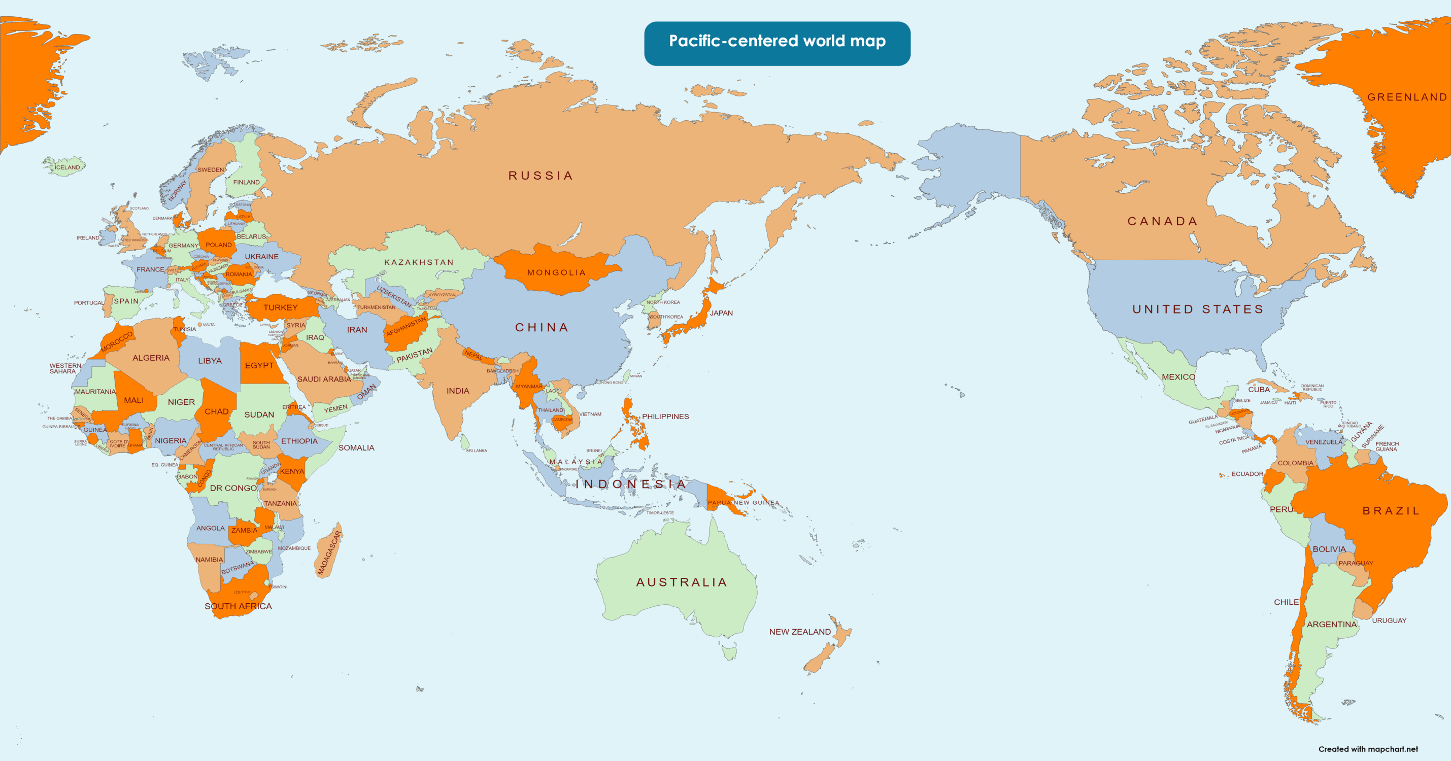 A randomly colored Pacific-centered world map
