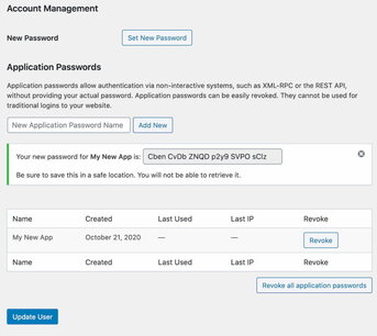 View of the account management area within WordPress.