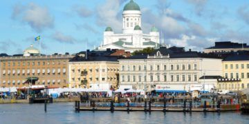 Helsinki's market square, presidential house and cathedral from the harbor