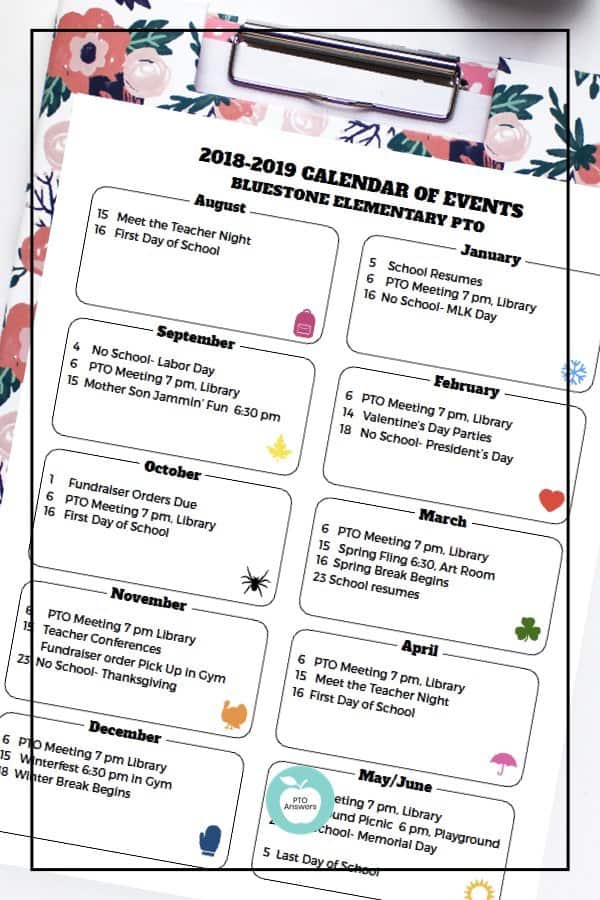PTO calendar template to publicize PTO family events and fundraisers. Plan out your entire year to work towards your PTA's goals for a successful year! #ptoanswers #pto #pta #template