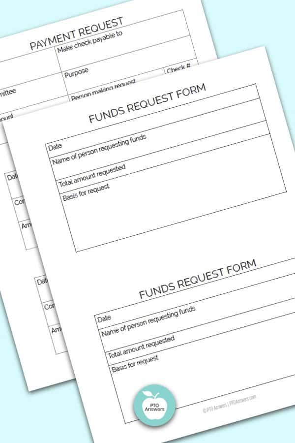 Printable PTO Treasurer forms including full page payment request form and 3 to a page check request form