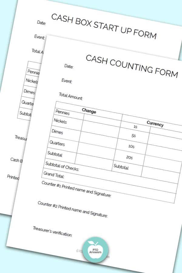 Printable Treasurer Forms including Cash box start up form and cash counting form to manage money and PTO finances