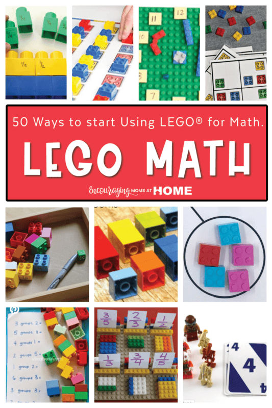 Various examples of Using Legos for Math. Small pictures in a collage. Text overlay says Lego Math.