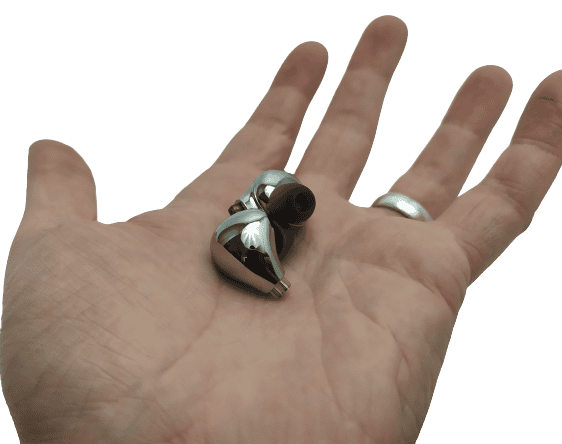 Image shows the earphones in the palm of my left hand.