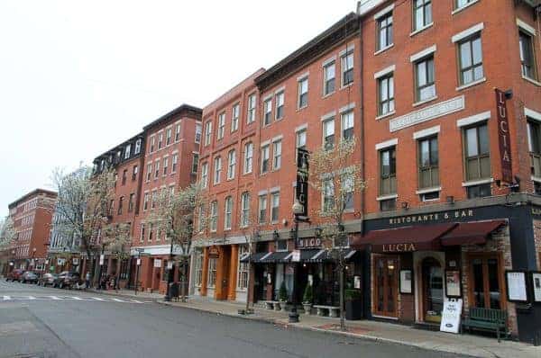 A street of restaurants and caffes in boston's italian north end.