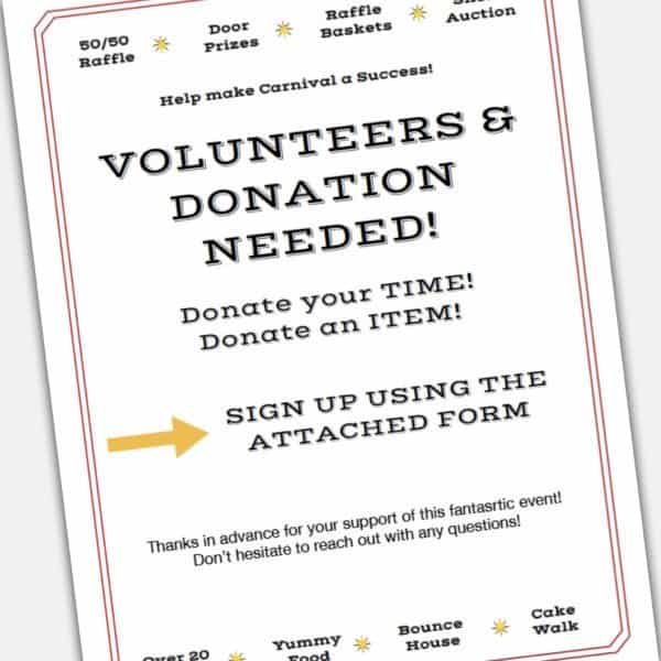 Printable custom DIY Carnival Flyer Template and volunteer and donations form
