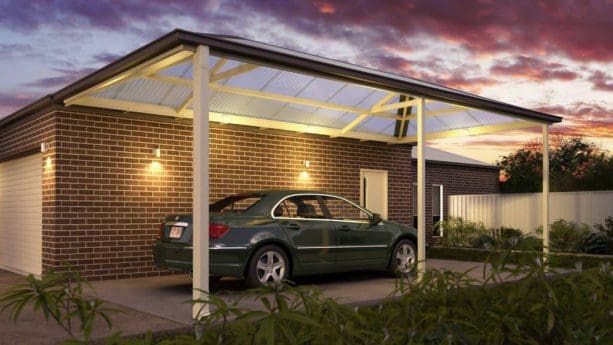 a simple contemporary attached carport with semi-transparent polycarbonate roof
