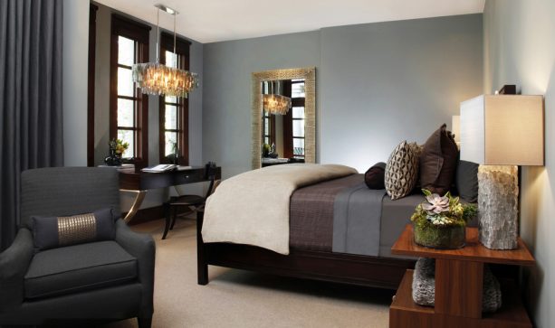 modern bedroom with Benjamin Moore brewster gray HC-162 wall paint color