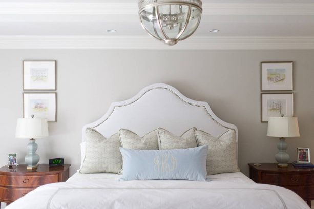 transitional master bedroom with Sherwin-Williams repose gray SW 7015 warm gray paint color