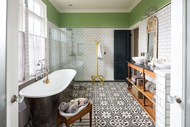 farmhouse bathroom with white subway tile and bolder Delorean gray grout