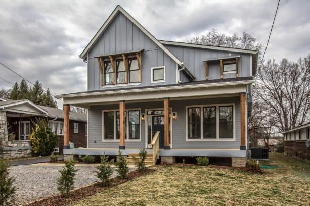 an urban farmhouse home exterior design with Steely Gray SW 7664 paint color