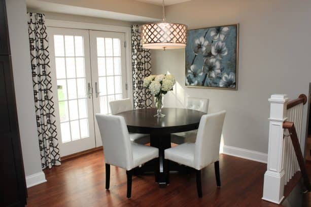 small transitional dining room with Sherwin-Williams worldly gray SW 7043 warm gray paint