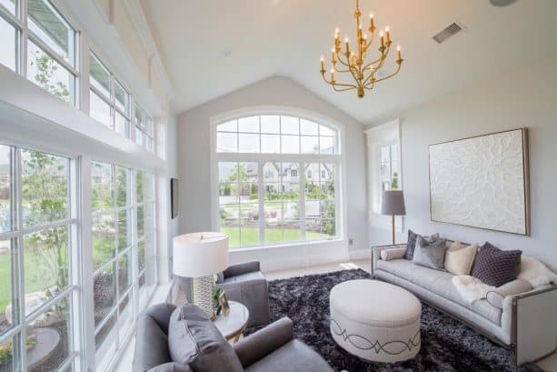 transitional sunroom with Benjamin Moore wickham gray HC-171 wall paint color
