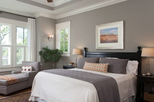 craftsman master bedroom with Benjamin Moore Rockport Grey HC-105 wall color and Benjamin Moore White Dove OC-17 trim color combinations