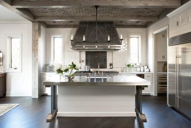 a transitional kitchen with ceiling covered in thin bricks