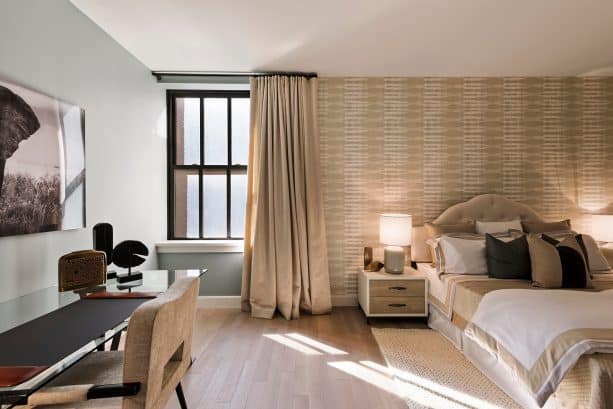 tan and black transitional bedroom