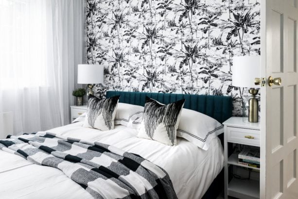 a fascinating contemporary bedroom with the combination of white, black, and teal colors