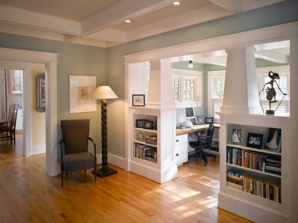 light blue hallway with white trim