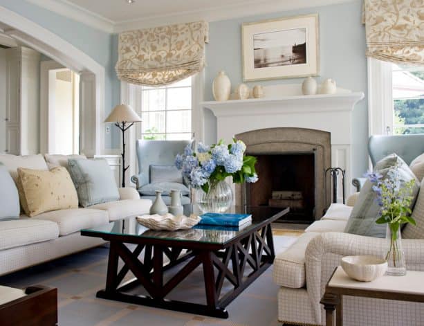 modern transitional living room with Benjamin Moore Horizon 1478 wall paint color