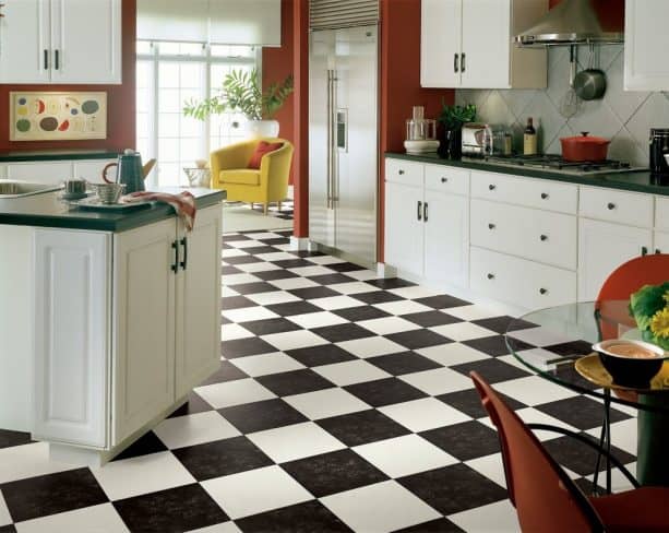the use of black and white vinyl sheet for kitchen flooring
