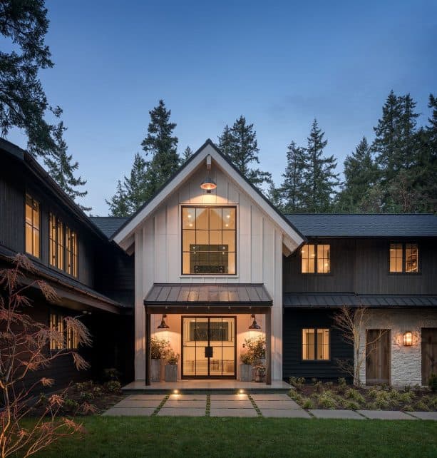 a two-tone modern farmhouse exterior with Black Panther 2125-10 and White Heron OC-57