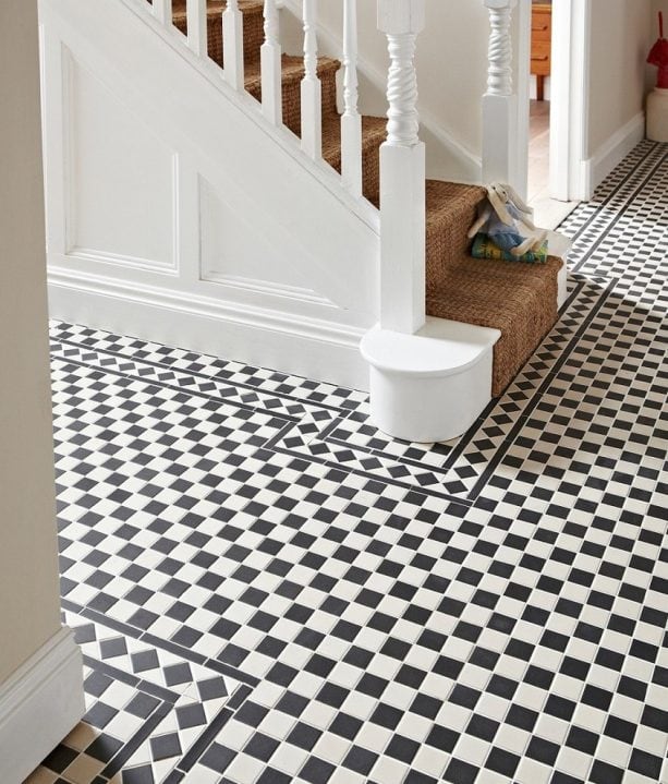 black and white checkered mosaic porcelain floor