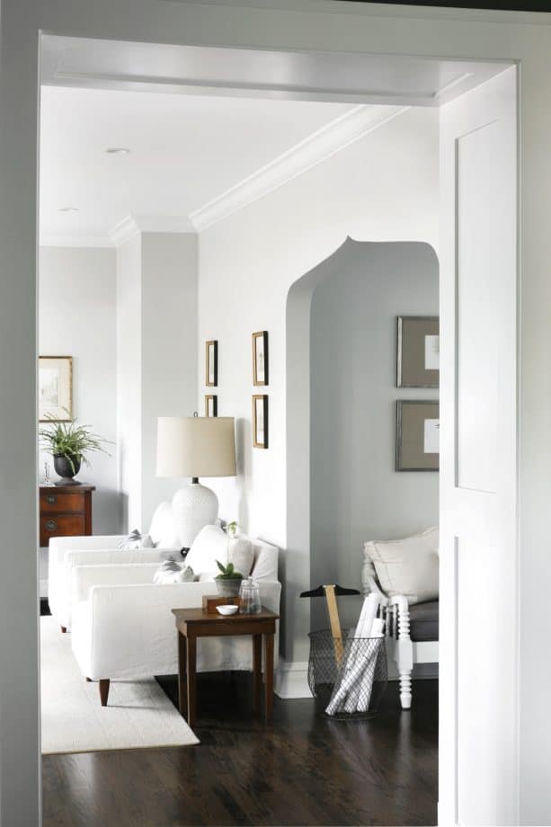 transitional family room with Benjamin Moore gray owl 2137-60 warm gray paint color