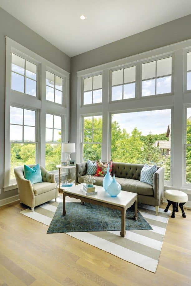 transitional living room with benjamin moore silver chain 1472 wall paint