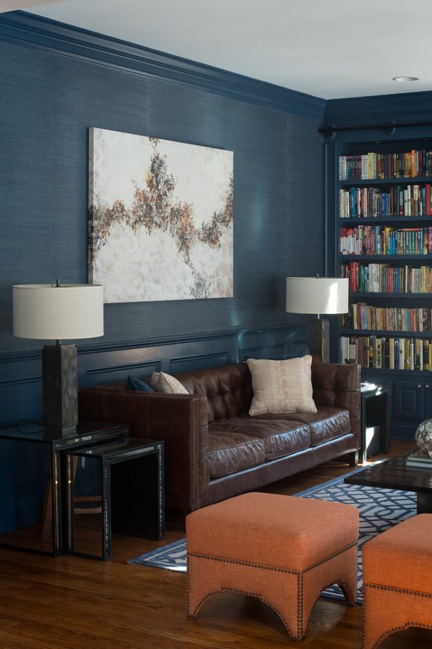 contemporary living and reading room with Benjamin Moore Newburyport Blue HC-155 wall and trim paint color