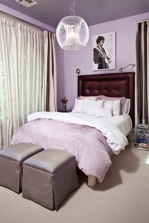 tufted upholstered headboard in a purple and grey bedroom