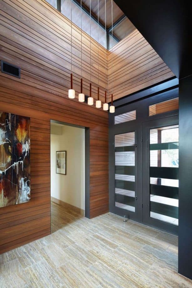contemporary black-stained door with black trims