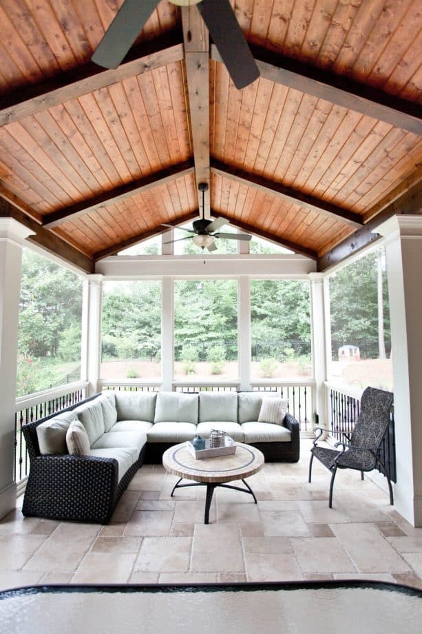 a traditional porch with vaulted Tongue and Groove ceiling