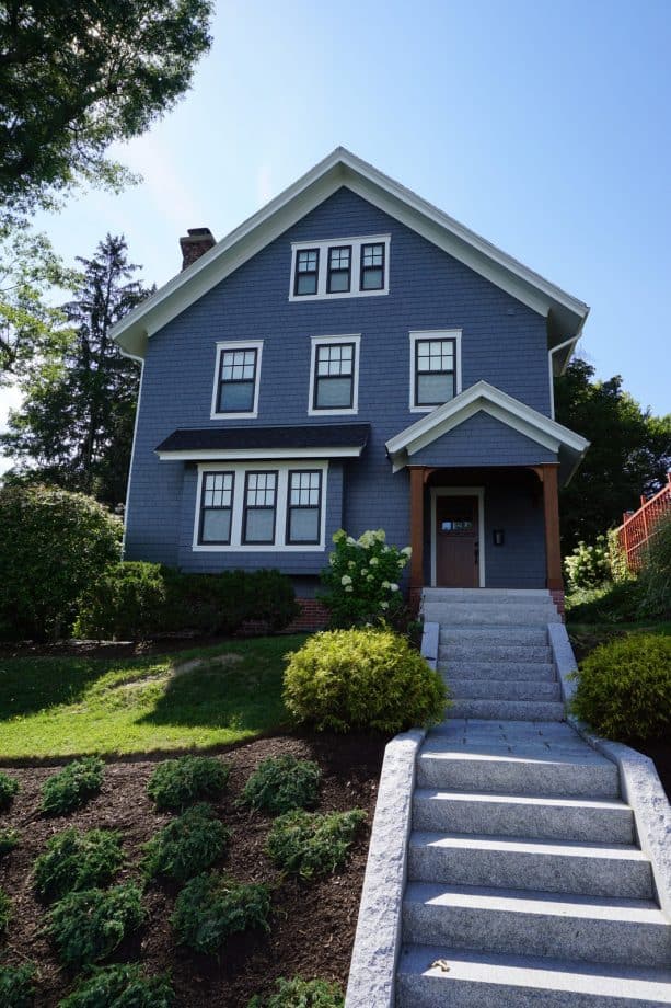 Evening Blue shingle siding in a farmhouse exterior