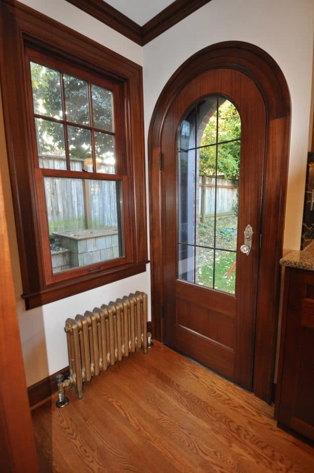 traditional kitchen entry with Pumice paint from Restoration Hardware and custom stained interior trim color combinations