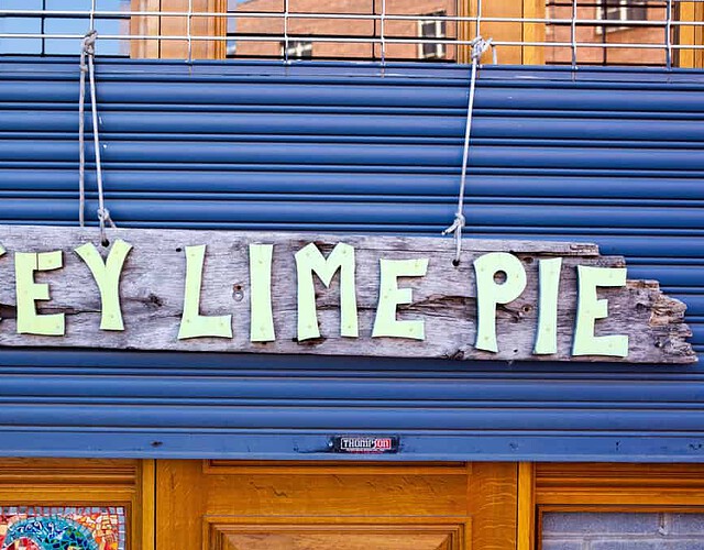 The charming homemade sign for key lime pie outside of steve's in red hook.