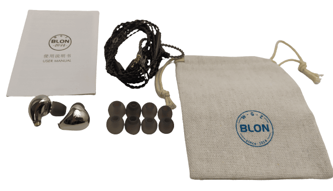 Image shows the included contents of the BLON BL-03 Earphones.