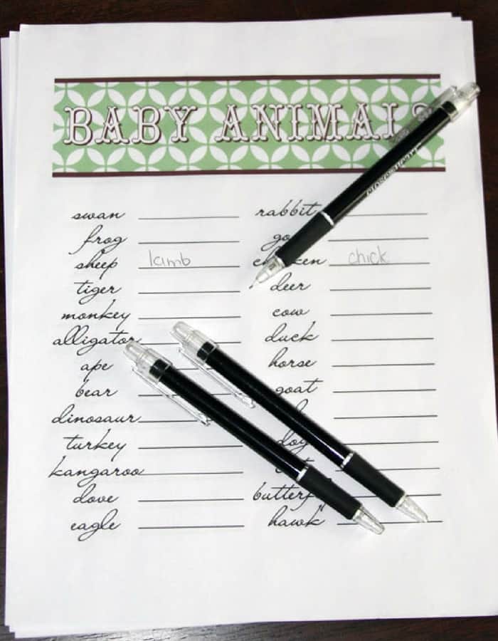 BABY ANIMAL NAMES - Refreshing baby shower game ideas, printables and more so you can plan the best baby shower! Baby shower games for women, men and couples. BABY ANIMAL NAMES - Refreshing baby shower game ideas, printables and more so you can plan the best baby shower! Baby shower games for women, men and couples.