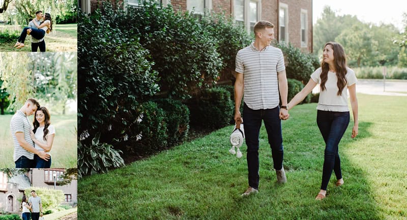 couple walking on the grass looking on each other during engagement session, couple hugging and kissing