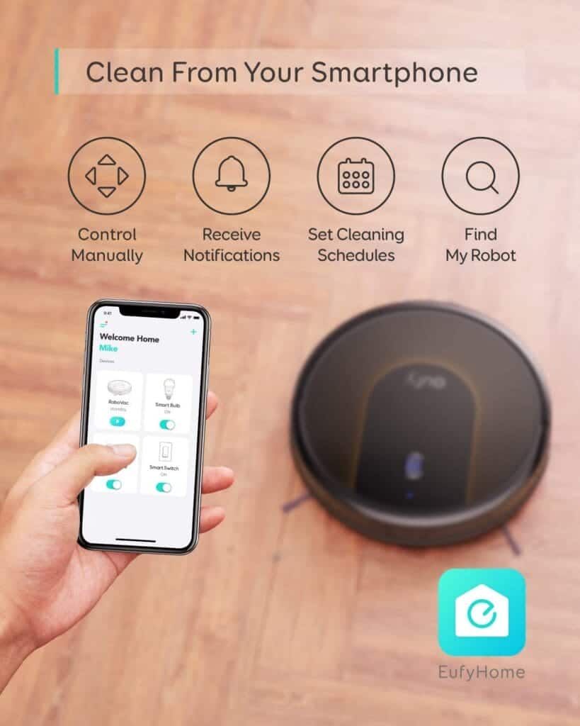 Images shows a phone with the app controlling the vacuum cleaner.