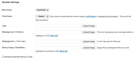 HandHeld Mobile theme Plugin Setting Page in WordPress