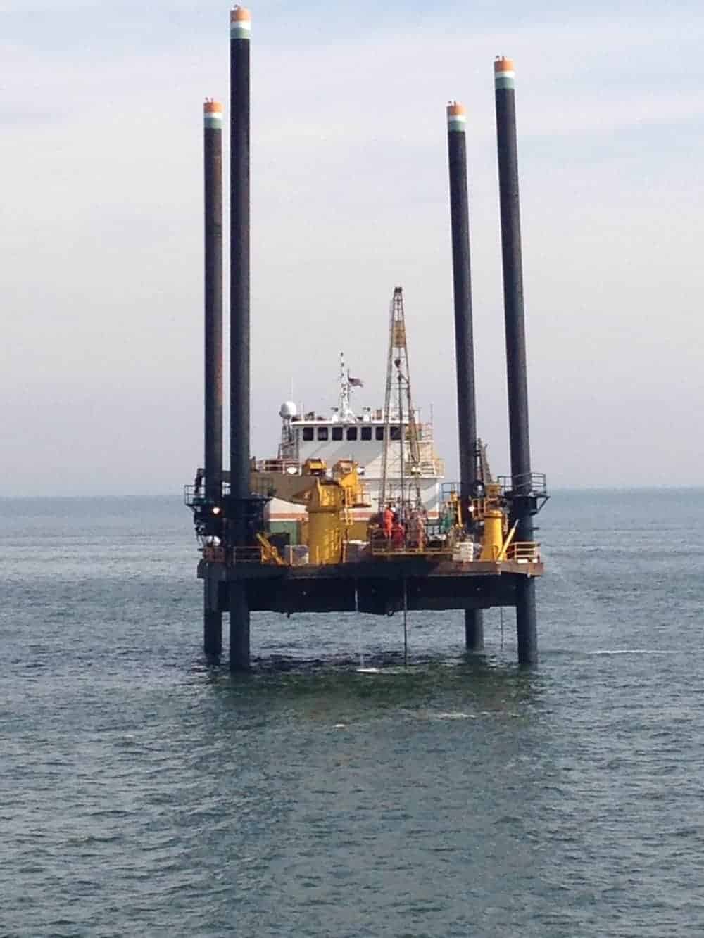 A jack-up barge takes up borings in Thimble Shoal Channel