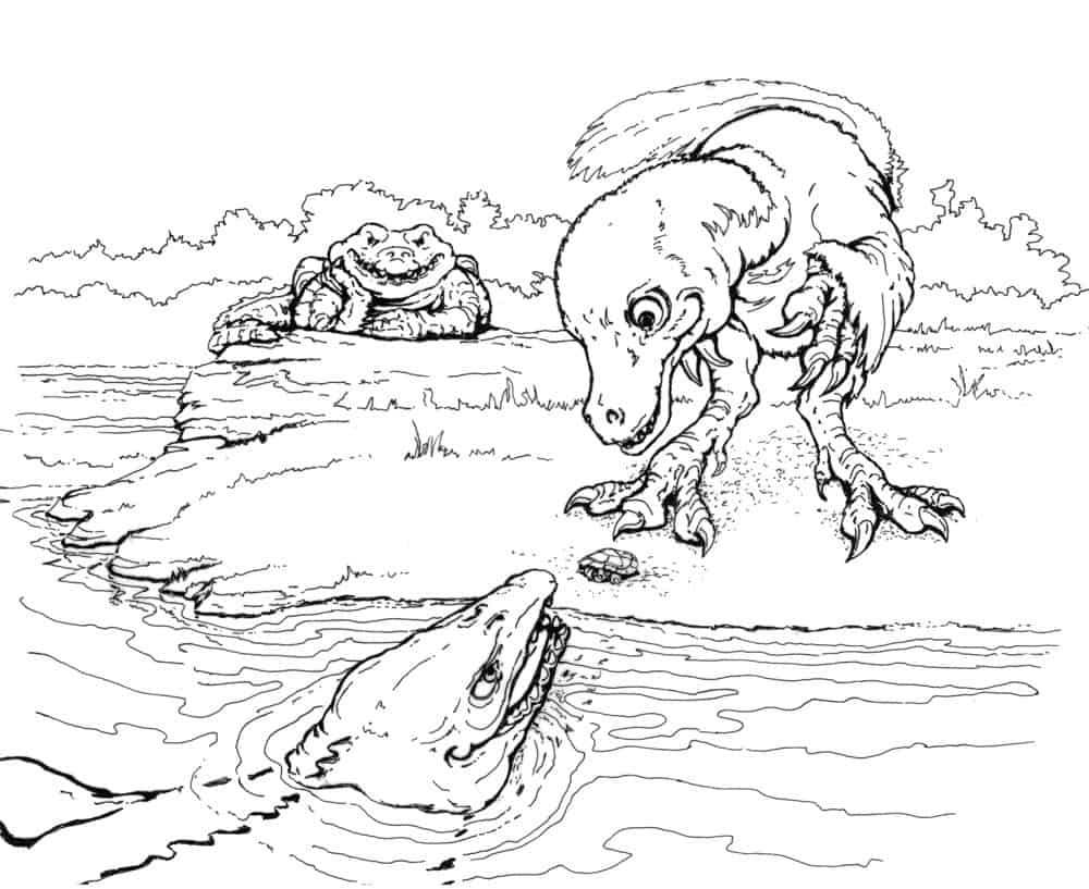 The three most likely predators that could have swallowed the baby side-necked turtle completely. Illustration by Tim Scheirer, © Calvert Marine Museum.