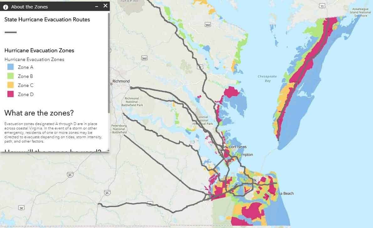 The blue areas indicate Virginia’s Evacuation Zone A, where everyone has been ordered to leave.