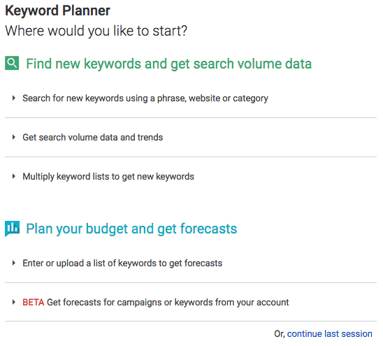 Old style Keyword Planner start screen
