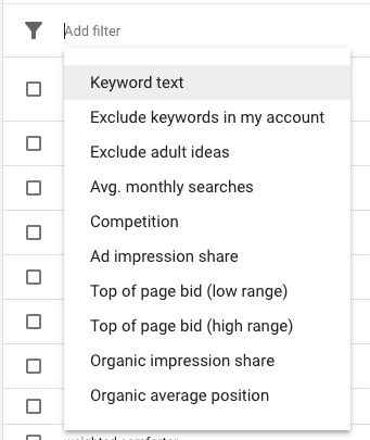 New style Keyword Planner filters